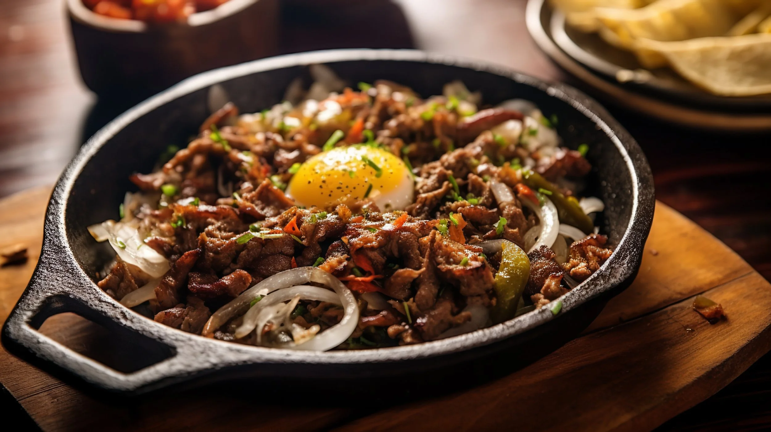 Fajitas with grilled meat, sautéed onions, peppers, topped with a fried egg, served in a hot cast iron skillet