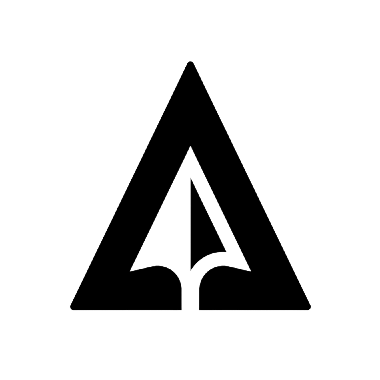 Black background with white outline drawing of an arrowhead shape, enclosed within a large triangle.