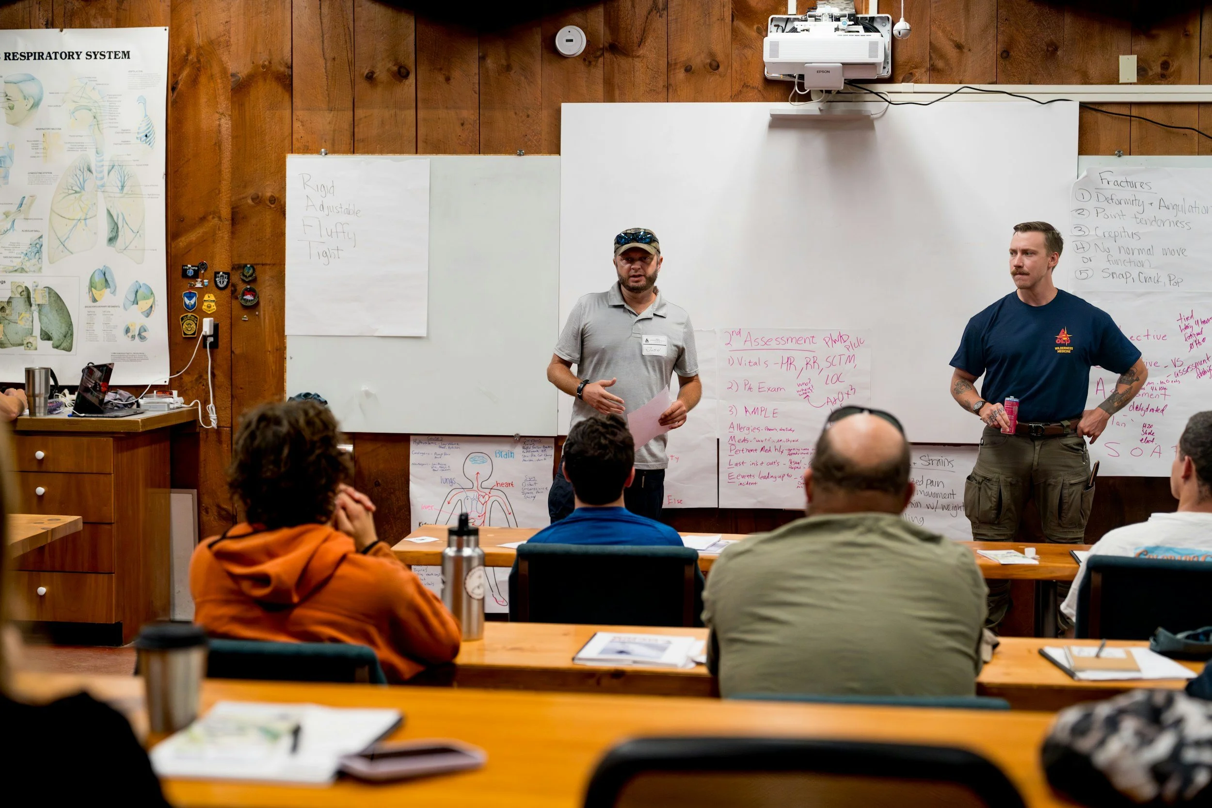 A classroom or seminar room with a whiteboard at the front, two male presenters standing and speaking, and a group of audience members seated at tables. The room has wood-paneled walls with posters and notes related to medical or anatomical topics.