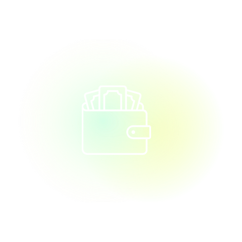 Outline icon of a wallet with cash inside, on a glowing light green and yellow background.