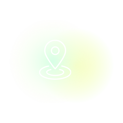 White location pin icon over a light green glowing background with black around the edges.