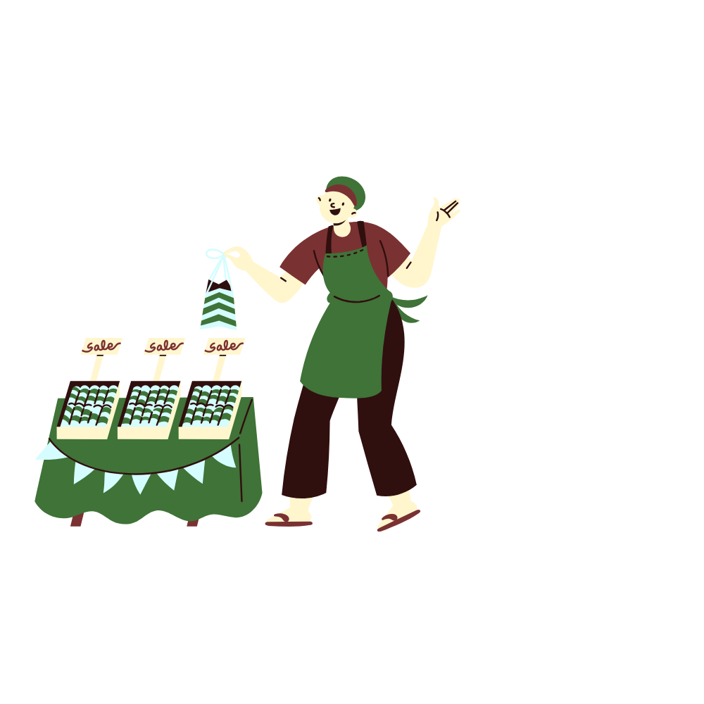 Illustration of a person selling items at a sale stand with a swan-shaped float in the background.