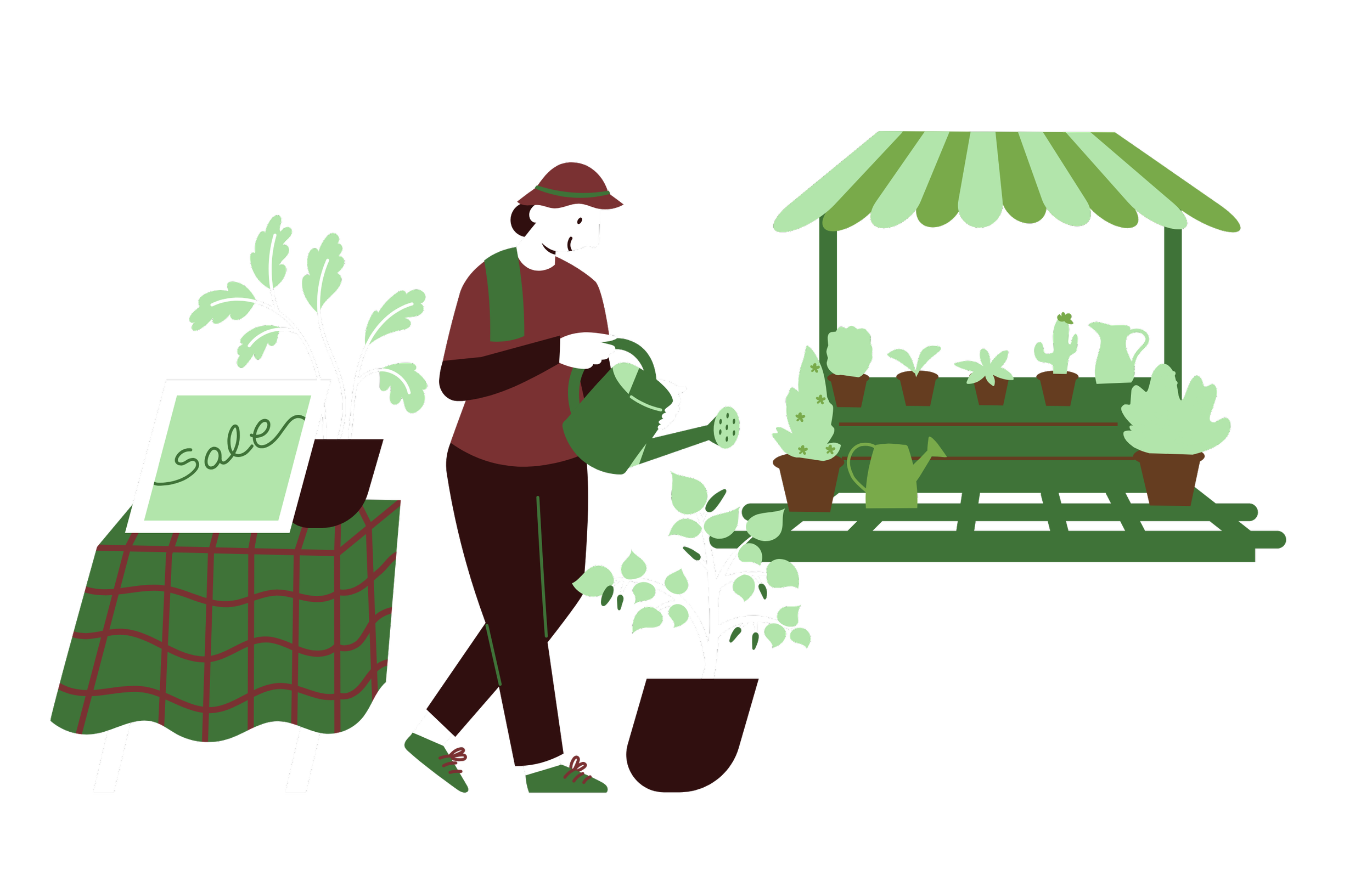A person watering plants at an outdoor market stall with a green striped canopy. There is a sale sign, and various potted plants, including a cactus, are displayed.