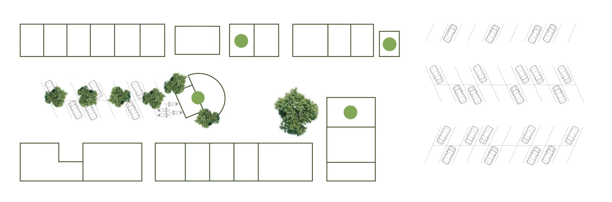 Site plan for a parking area with designated parking spots, green trees, and landscaped spaces.