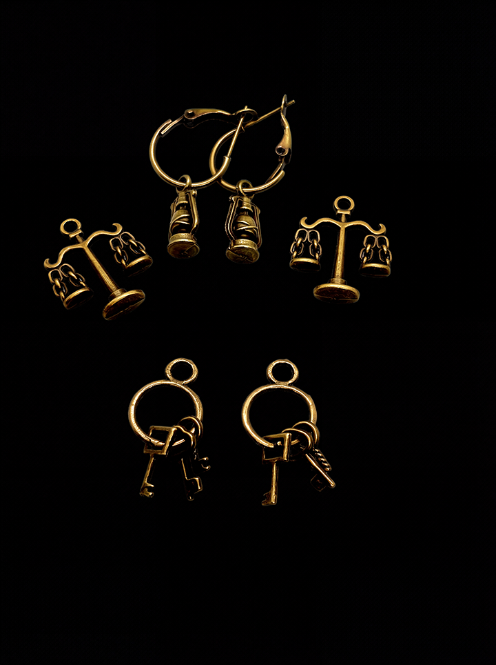 Interchangeable Earrings Bronze , Lamp, Scale, Keys