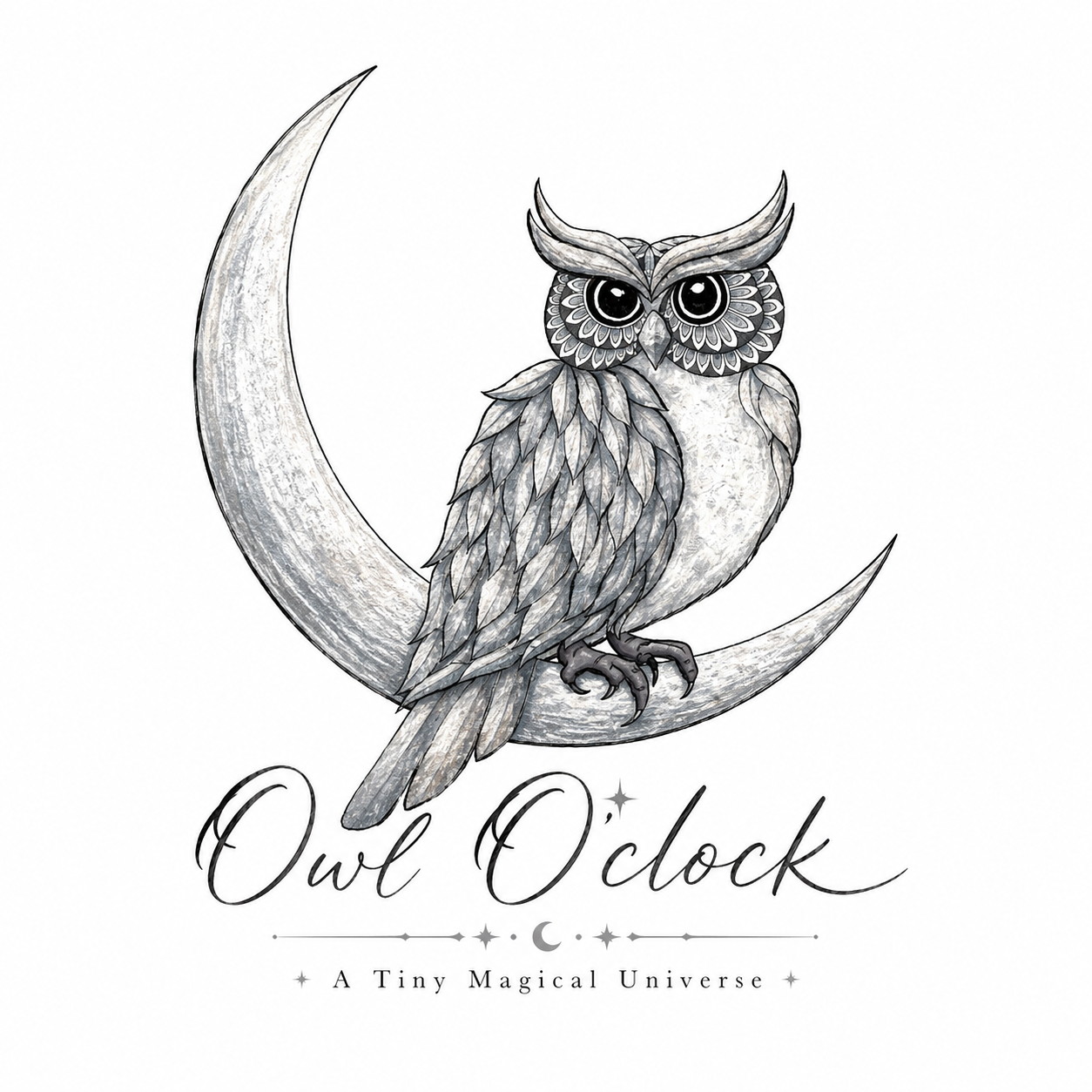An illustration of an owl with large, detailed eyes, perched on a crescent moon. The owl's feathers are textured with gray and white shades. Below, the text reads 'Owl O'clock' and 'A Tiny Magical Universe' with small decorative stars and a crescent moon.