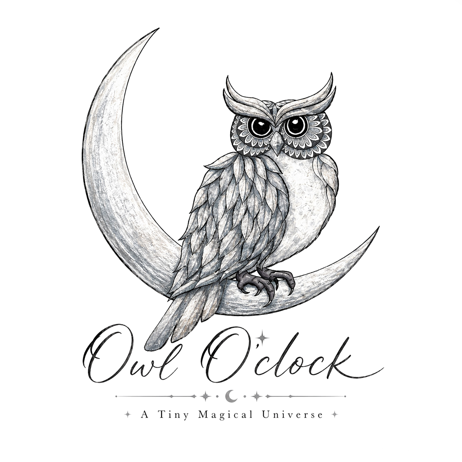A stylized illustration of an owl with large eyes, detailed feathers, and a crescent moon. Text reads: "Owl Owlock a fairy princess universe."