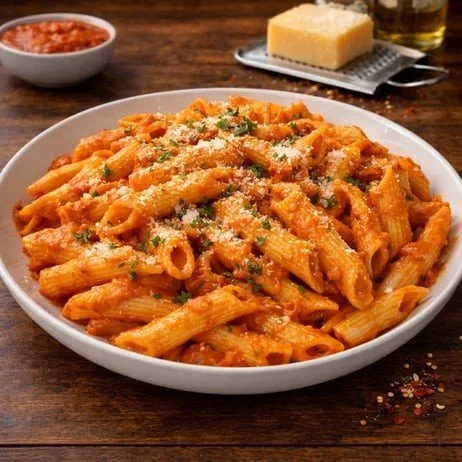 Bowl of baked ziti pasta with tomato sauce, grated cheese, and parsley on top.