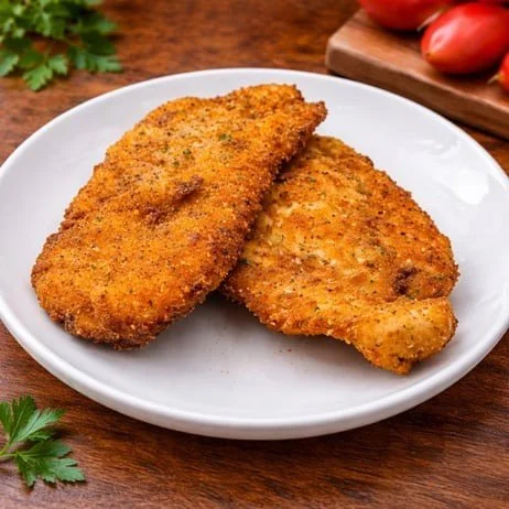 Two breaded and fried chicken cutlets on a white plate with tomatoes and parsley in the background.