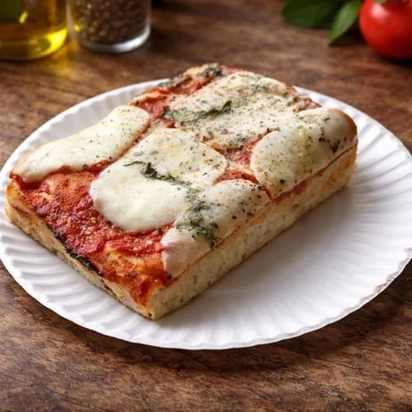 A slice of cheese pizza with melted mozzarella on a white paper plate.