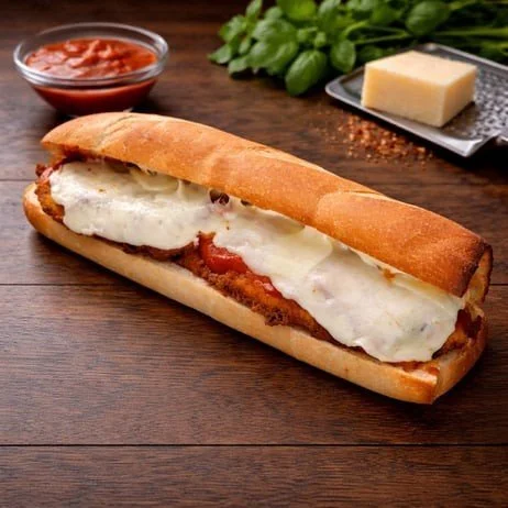 Italian sub sandwich with cheese, tomatoes, and meat on a baguette, served with a side of marinara sauce, basil leaves, and a block of Parmesan cheese on a wooden surface.
