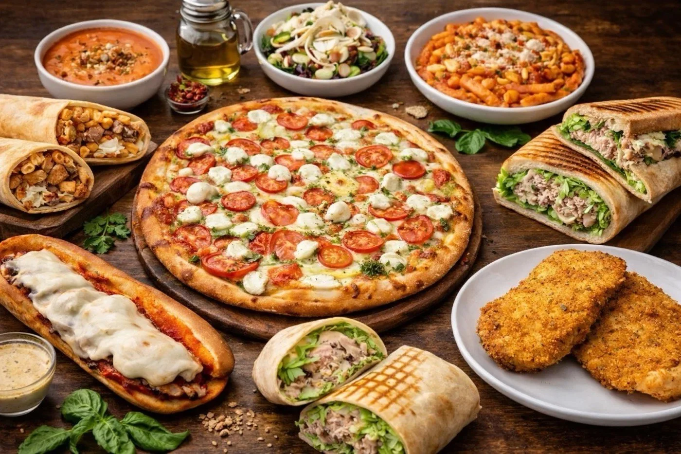 A variety of Italian-American foods spread out on a wooden table, including a pepperoni and cheese pizza, stromboli, chicken parmesan sandwich, fried mozzarella sticks, a sub sandwich, salad, pasta, and soup.