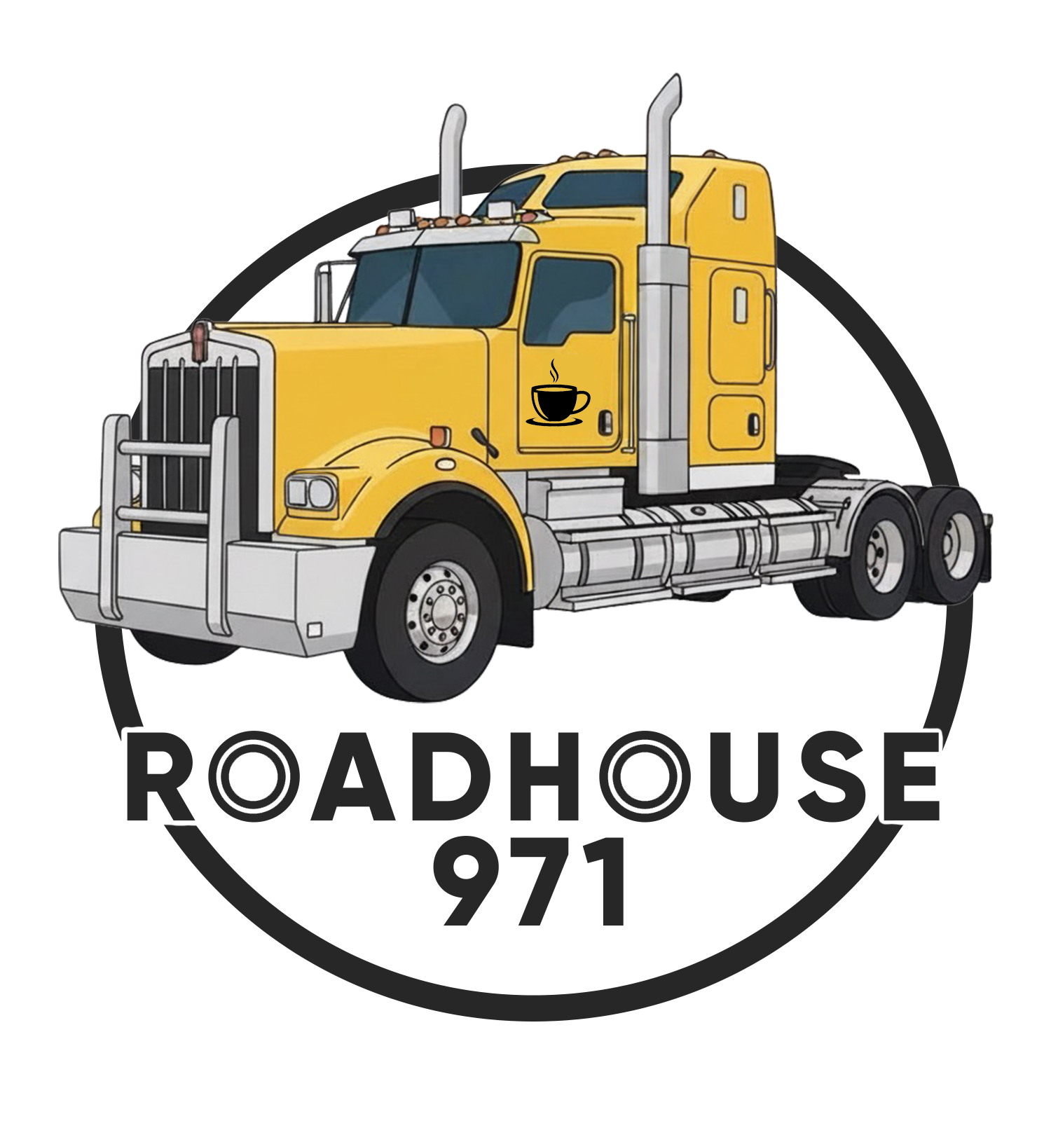 A cartoon illustration of a yellow semi-truck with a coffee cup icon on the door.