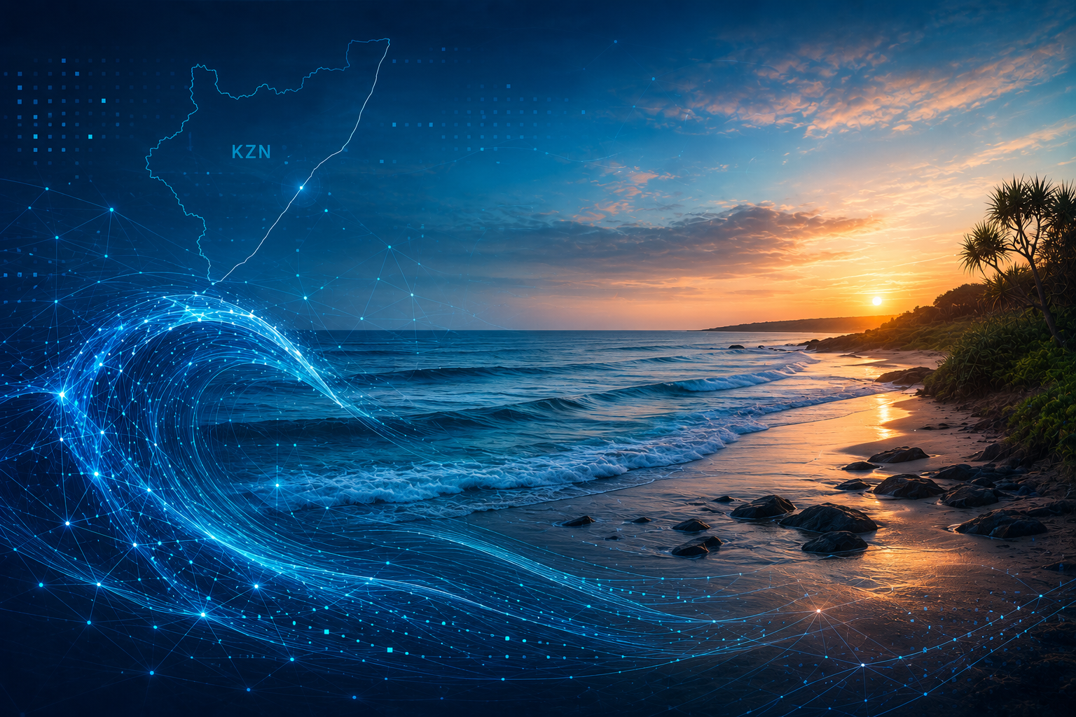 Sunset over the ocean with waves and rocks on the beach, integrated with digital network graphics and a map outline labeled KZN.