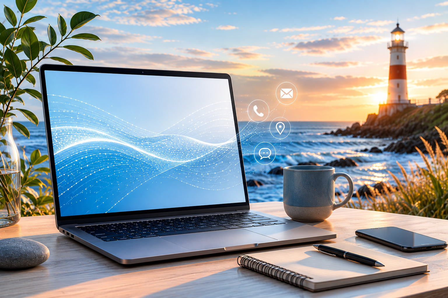 A laptop on a wooden desk near a lighthouse, with a notebook, pen, mug, and smartphone, during a sunset by the ocean.