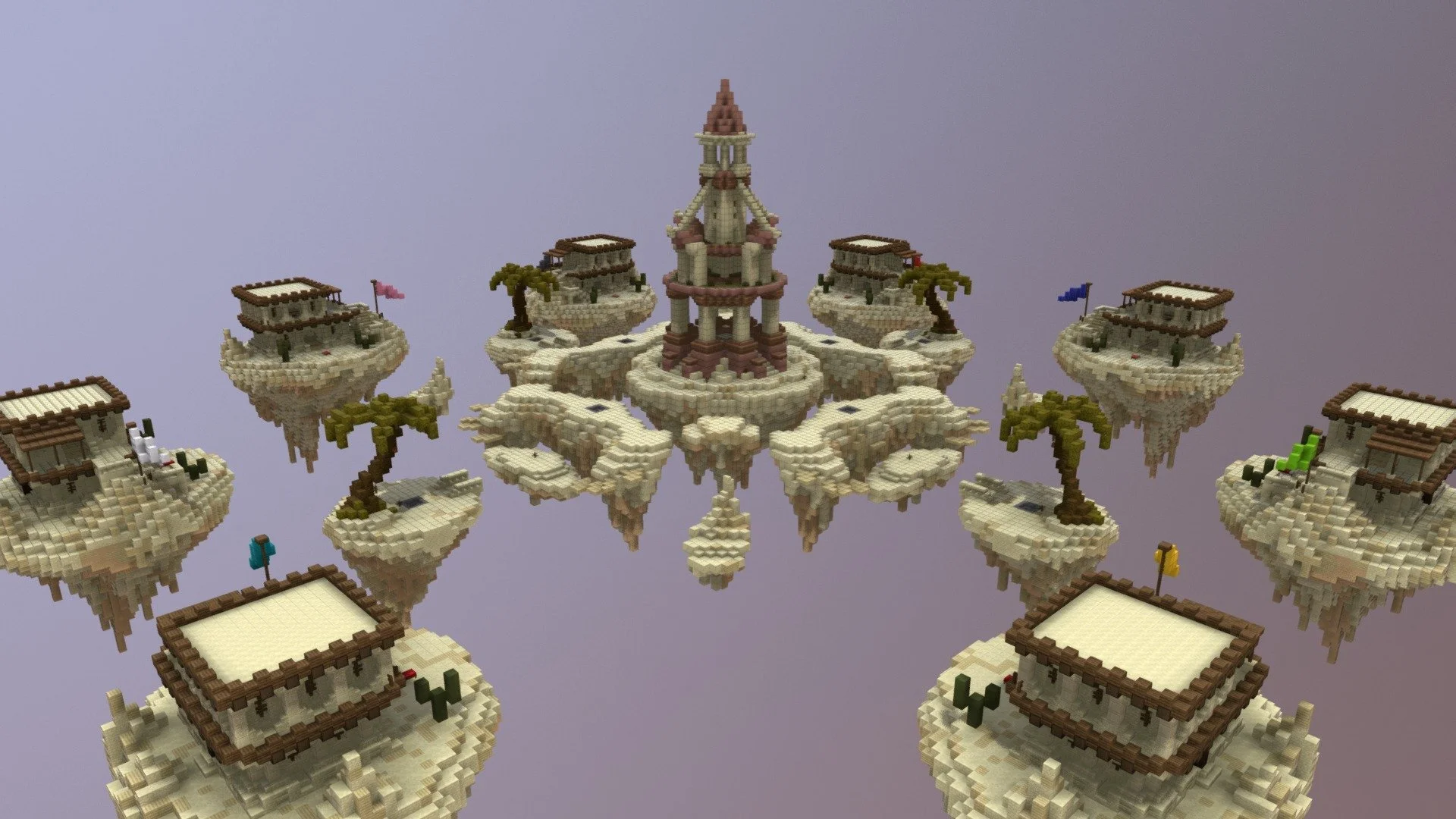 A 3D Minecraft-style floating island scene with interconnected platforms, trees, buildings, flags, and a central tower, set against a plain background.