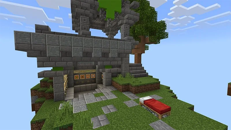 A Minecraft floating island with stone structures, a stairway, a tree, a bed, and a pathway.