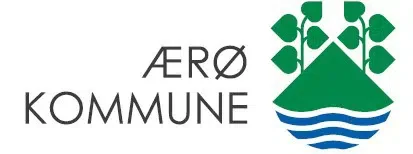 Logo for Ærø Kommune med grøn ø, grøn busk, blå bølger og teksten 'Ærø Kommune'.