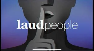 Grafisk design med en person, der holder en finger foran munden, med teksten 'laud people'.