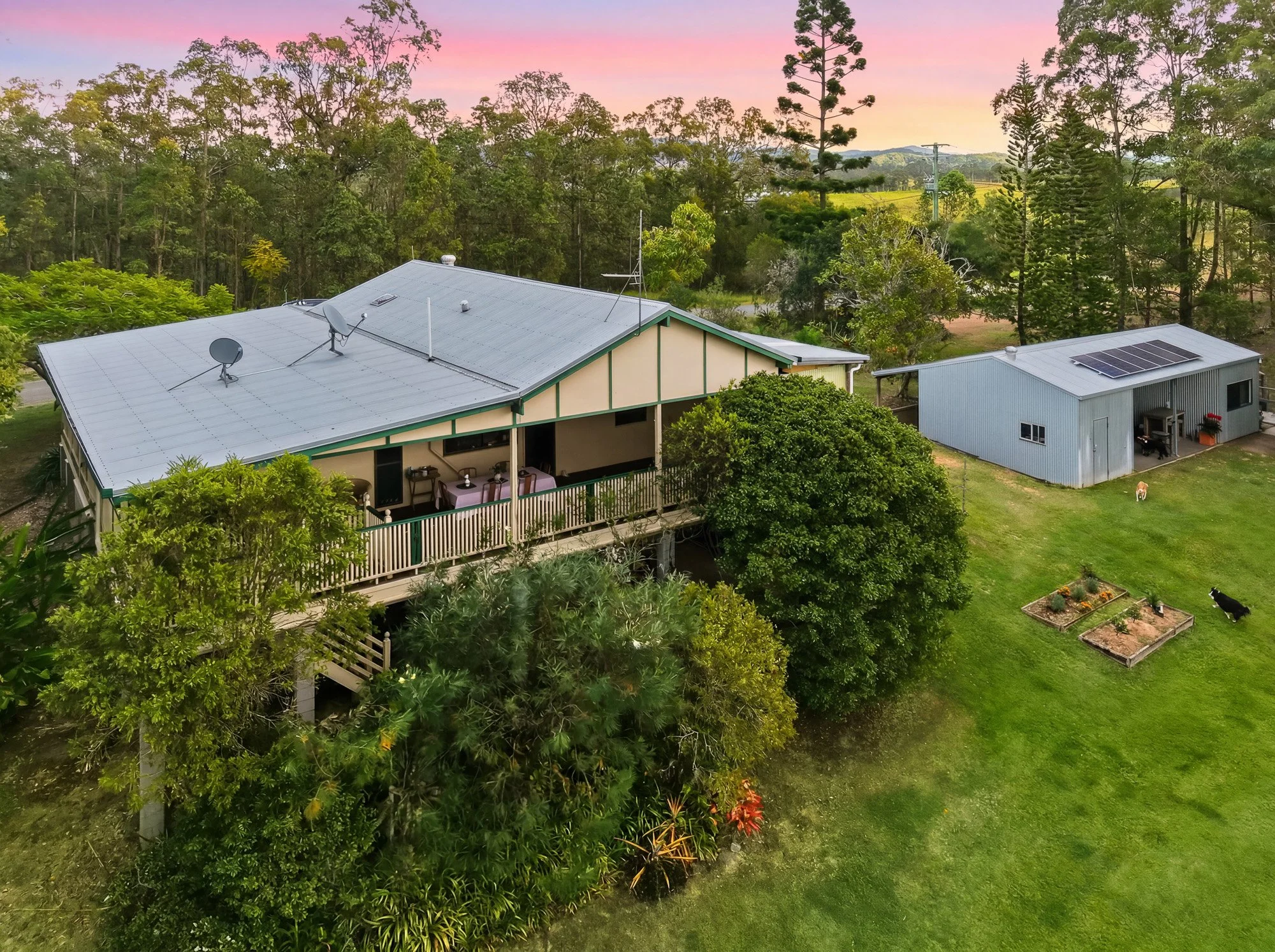 A suburban backyard with a house and a shed, both with metal roofs, surrounded by trees and grass, under a colorful sunset sky.