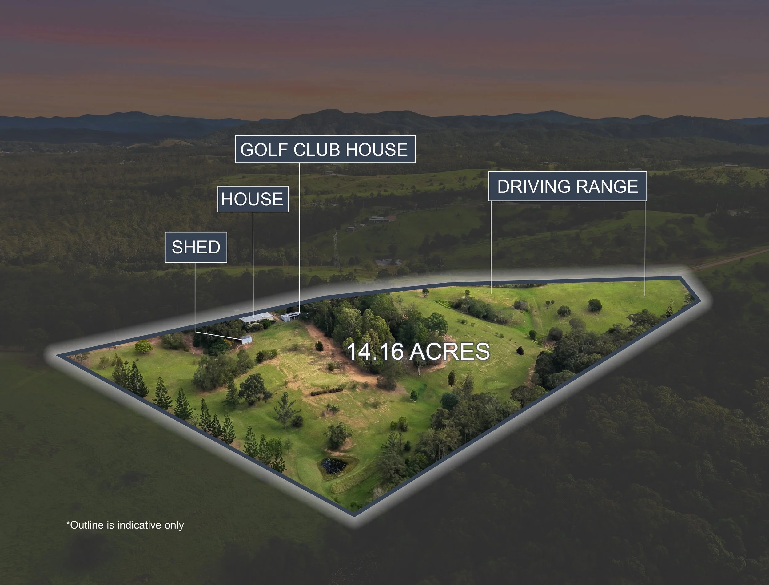 A diagram of a large property with labeled areas including a house, shed, golf club house, and driving range, covering 14.16 acres of land with trees and open green spaces.
