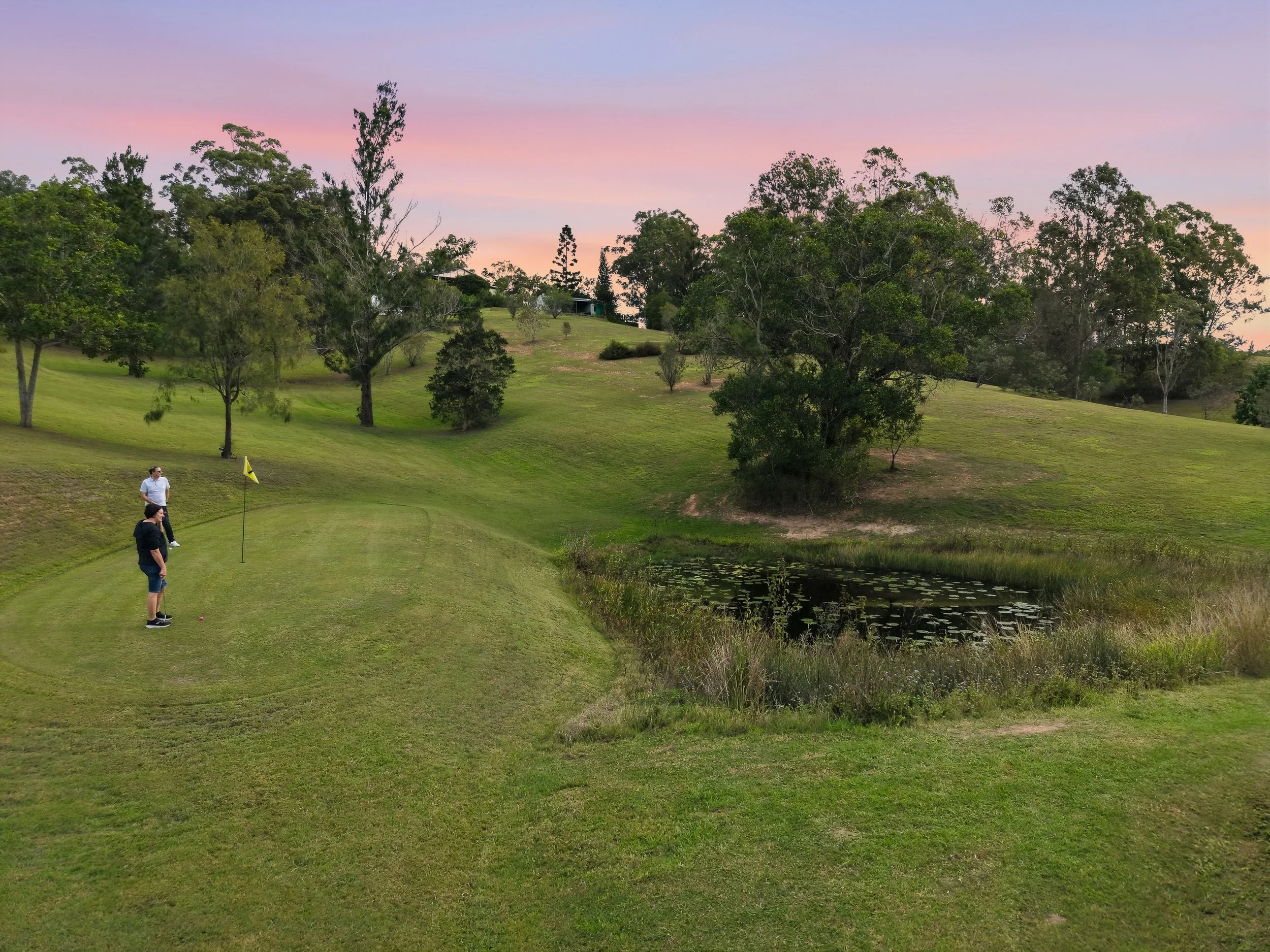 Two men playing golf on a lush green course near a pond, surrounded by trees under a pastel pink and purple sky.
