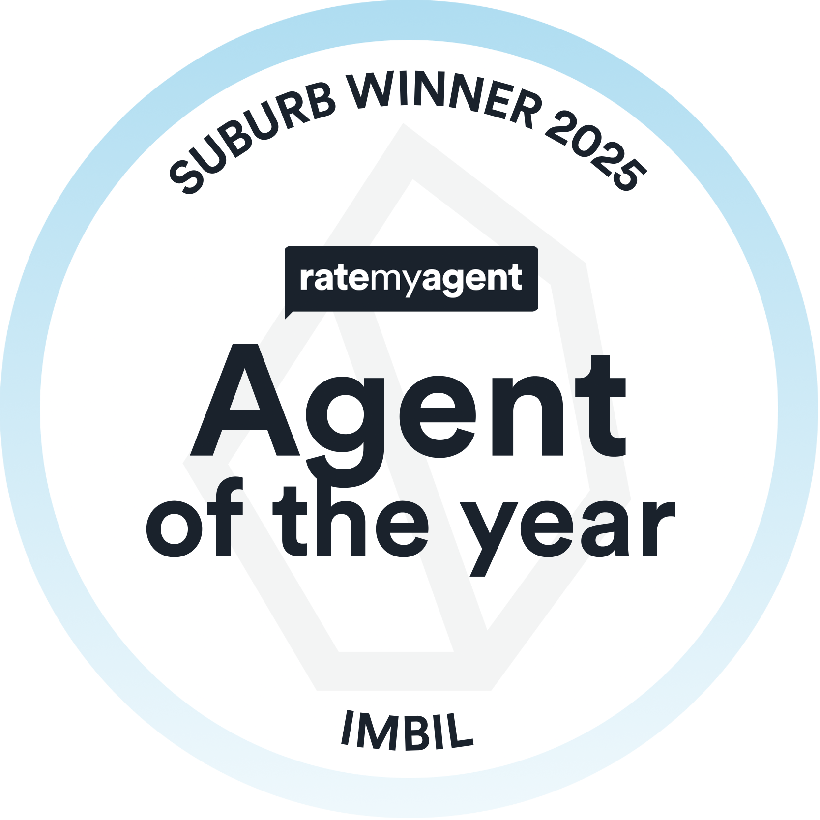 A circular badge with a white background and blue border, displaying the text 'Suburb Winner 2025' at the top, 'Agent of the Year' in the center, and 'IMBIL' at the bottom, with the logo 'ratemyagent' in a black rectangle.