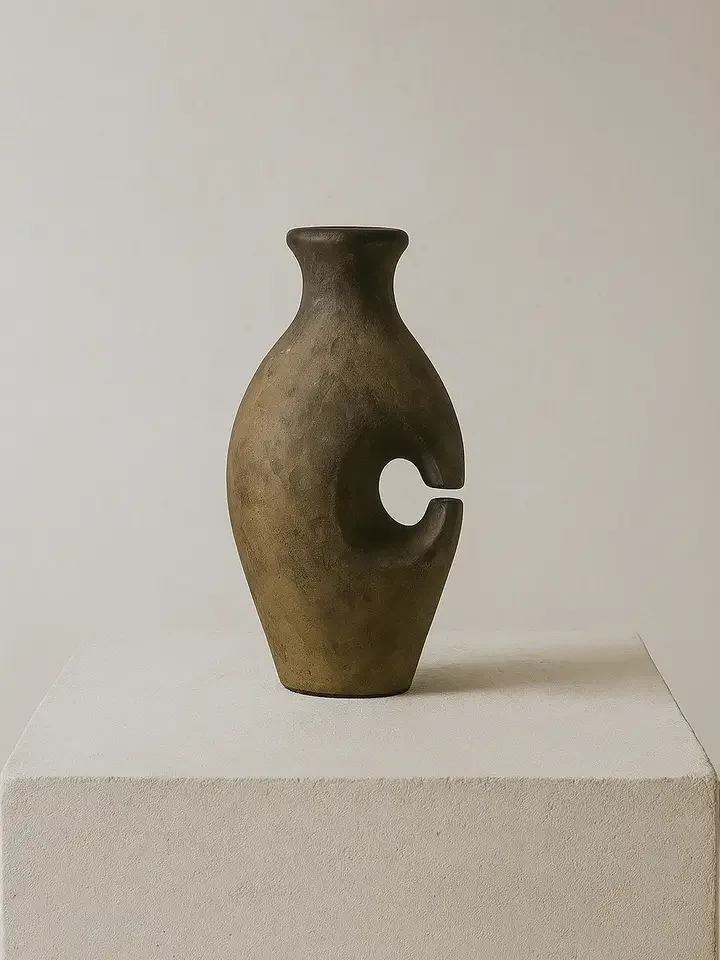 Ceramic art vase with a hole and a cutout in the middle, displayed on a white pedestal against a plain background.