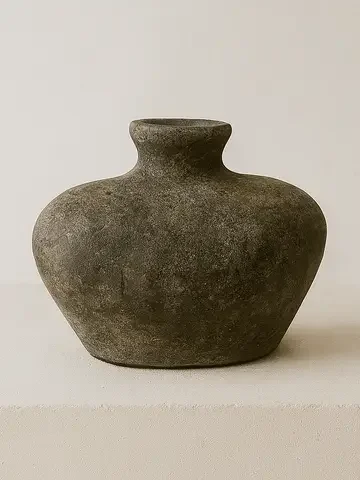 A gray, textured ceramic vase with a wide body and narrow neck placed on a white surface against a plain light-colored background.