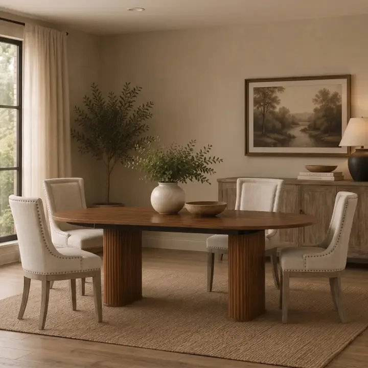 Elegant dining room with a wooden table, four upholstered chairs, a sideboard, a landscape painting, a table lamp, and decorative vases with greenery.