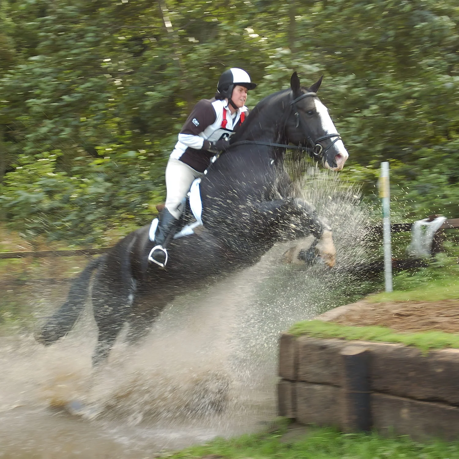 A rider in equestrian gear is riding a black and white horse through water, creating a splash as they go over a jump outdoors surrounded by green trees.