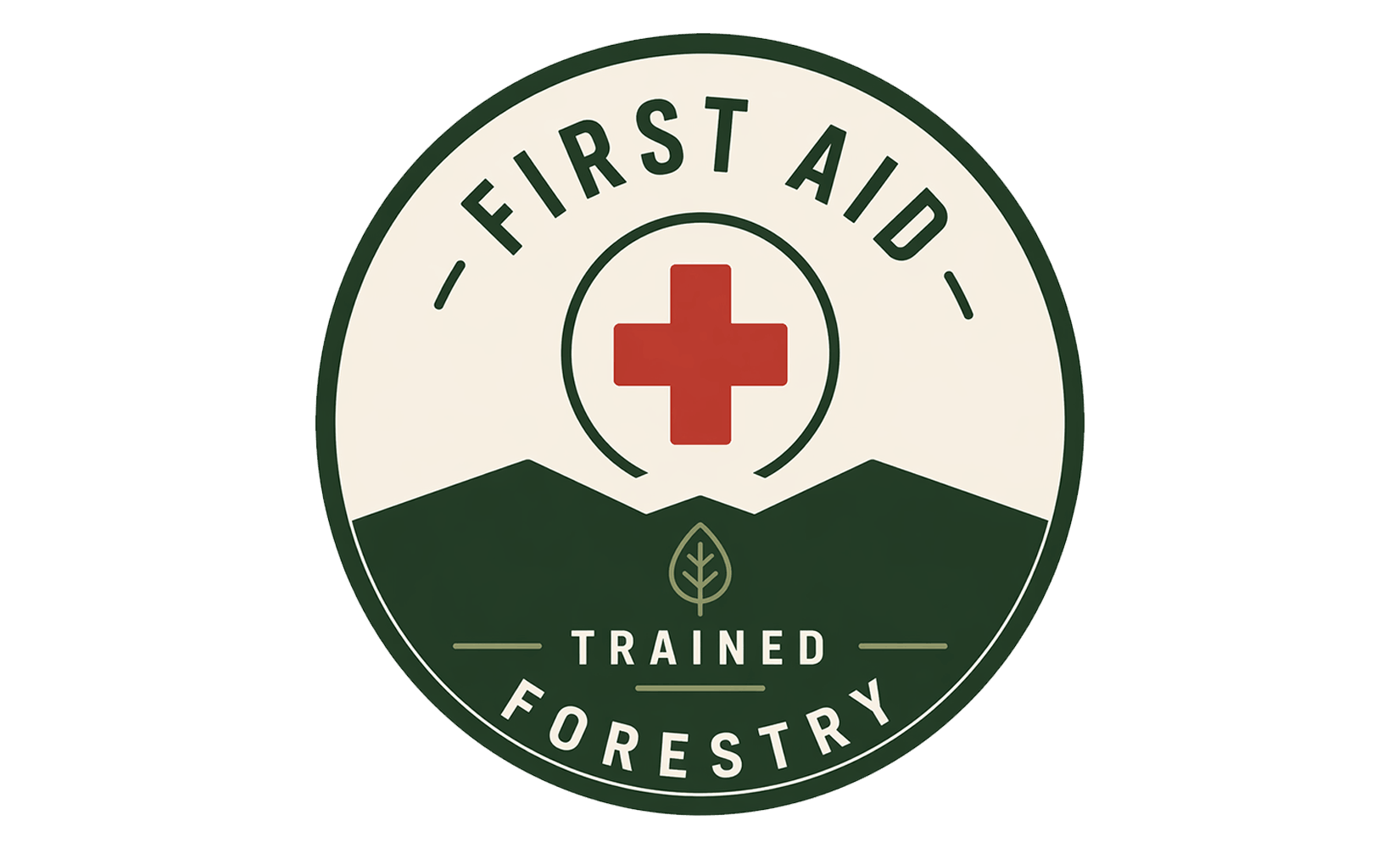 Circular logo with a red cross in the center, green mountains and a small leaf at the bottom, with the words 'First Aid Trained Forestry' around it.