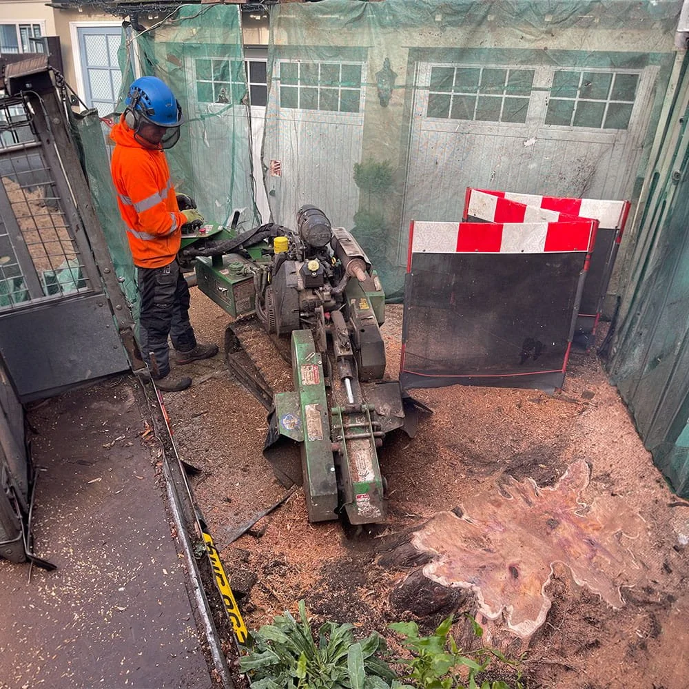 A construction worker in an orange safety jacket and blue helmet operates a small excavator inside a confined space with green plastic sheet walls, a concrete floor, and a black and red safety barrier.