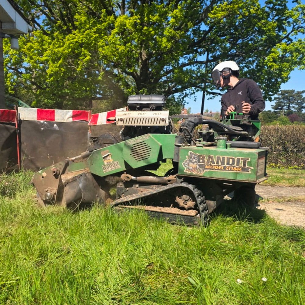 A person wearing a white helmet, black hoodie, and sunglasses operating a green Bandit model ZT1844 stump grinder on a grassy area during daytime. Red and white barriers are in the background, along with green trees and a blue sky.
