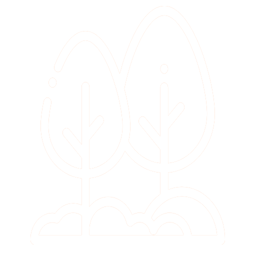 Line drawing of two trees with shrubs at their base on a black background.