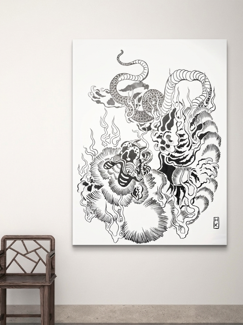 火 – Feu
Sumi ink sur canevas
146 × 112 cm



Figure de yokai nue fusionnant avec des flammes organiques et des textures inspirées des rouleaux japonais anciens.

