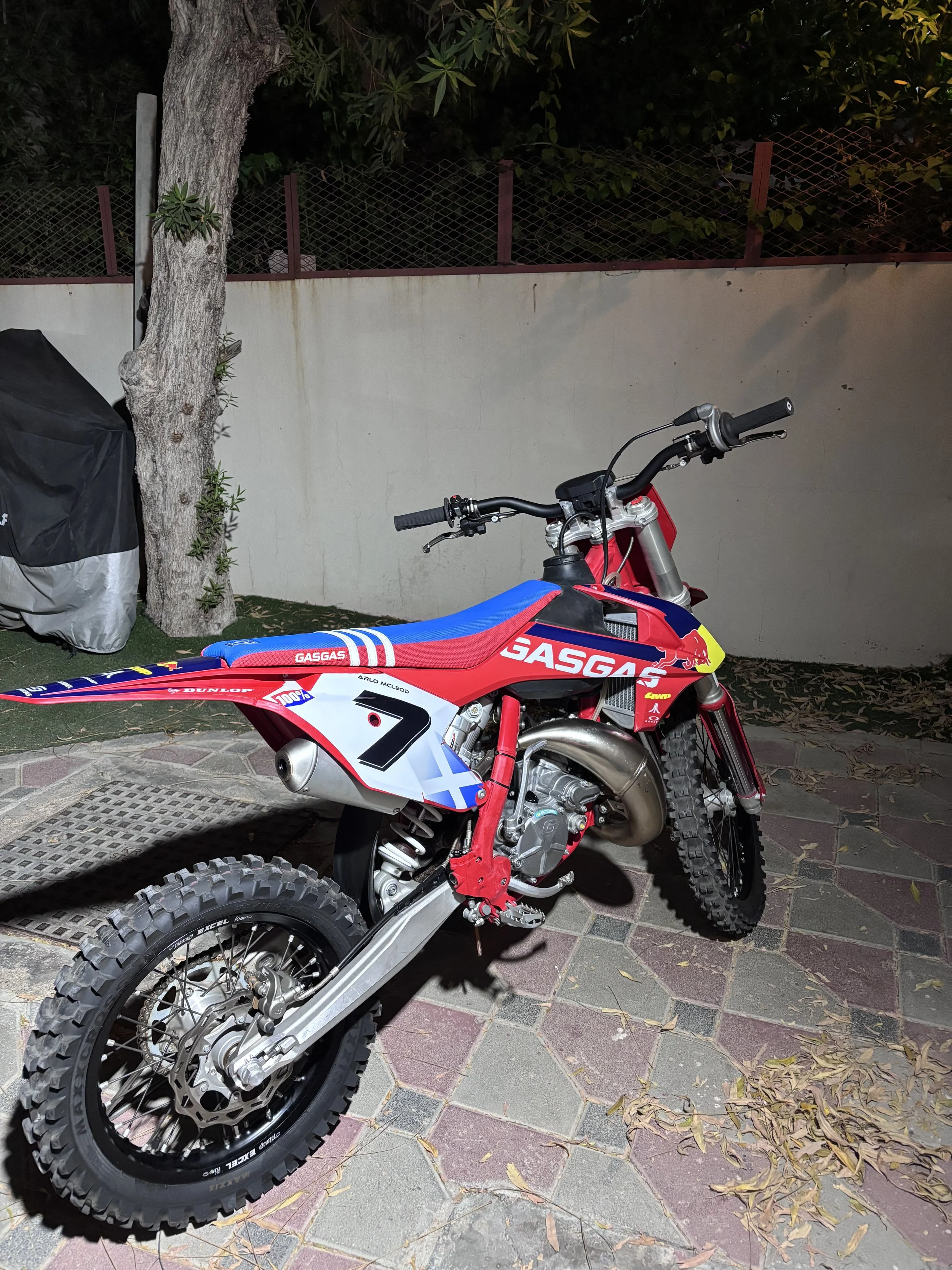 A red, white, and blue motocross dirt bike with knobby tires, parked on a paved surface near a tree and a concrete wall with a fence on top.