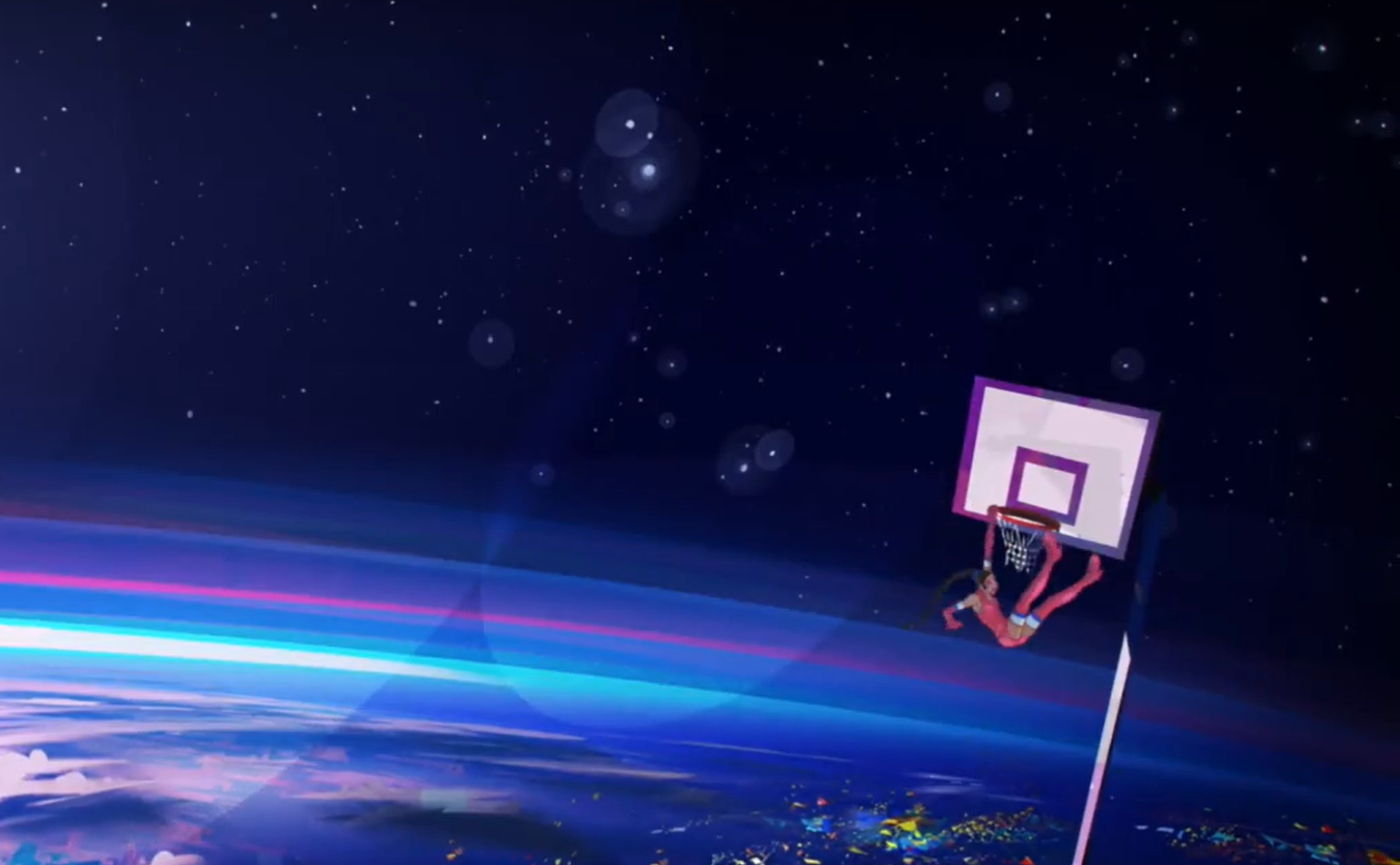 Illustration of a basketball player dunking a basketball into a hoop against a starry night sky backdrop with colorful abstract patterns at the bottom.