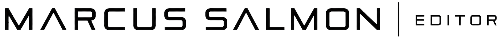 Black text on a black background displaying 'MARCUS SALMON | EDITOR' with the text outline visible.