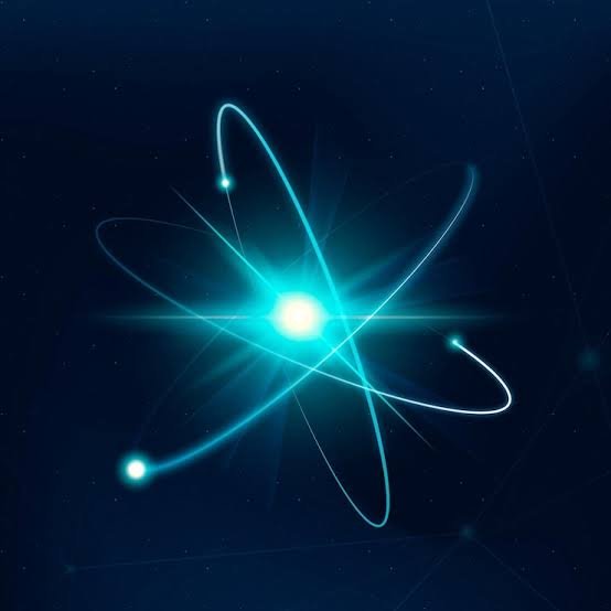 Digital illustration of an atom with glowing electrons orbiting a nucleus in a blue hue.