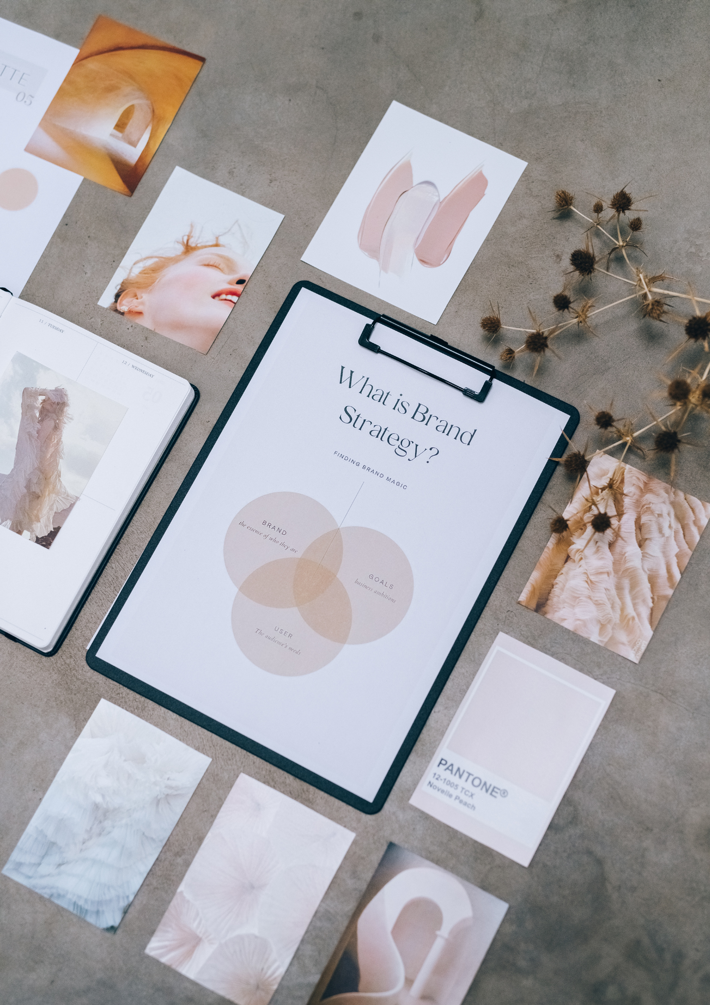 A collection of printed materials on a table including a booklet titled "What is Brand Strategy?" with a Venn diagram, several photographs of people and abstract designs, and a Pantone color sample card.