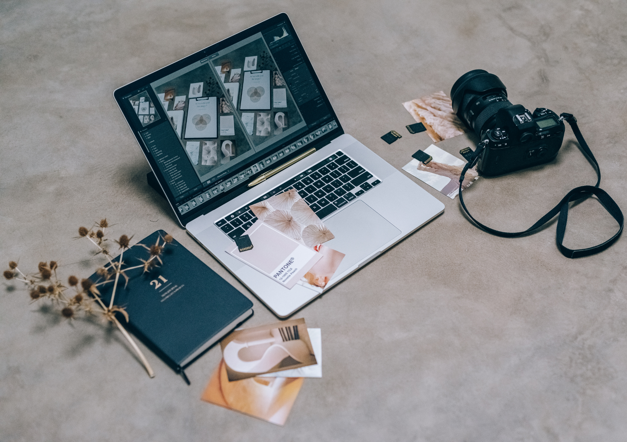 A workspace with a laptop displaying graphic design software, a digital camera, SD cards, postcards, and a notebook on a beige carpeted floor.