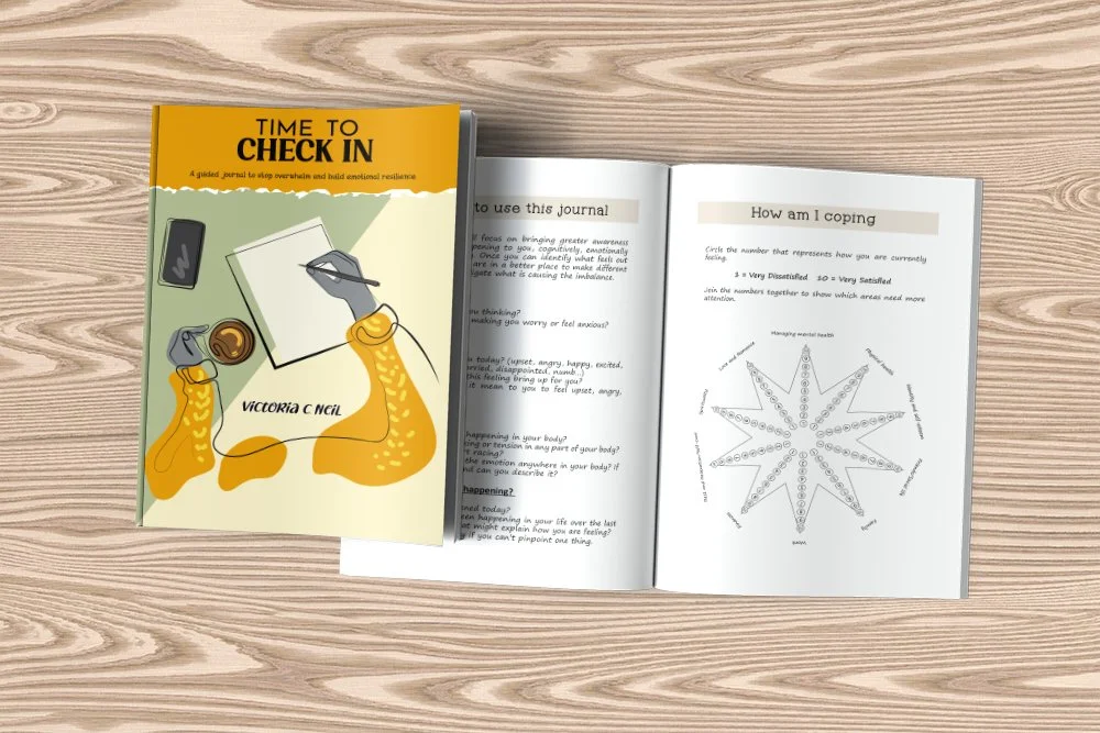A book titled 'Time to Check In' with an illustration of a person holding a coffee mug and writing in a journal, placed on a light wood surface.

"Time to Check In" by Victoria C. Neil