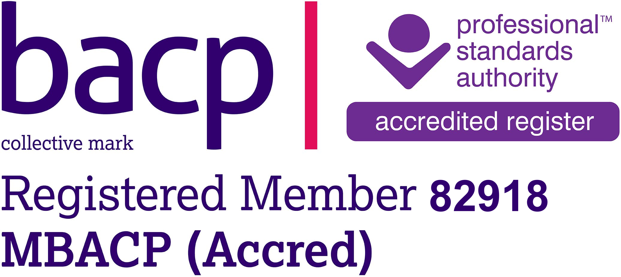 BAP (British Association of Psychotherapists) accreditation badge indicating a registered member numbered 82918 with professional standards authority accreditation.