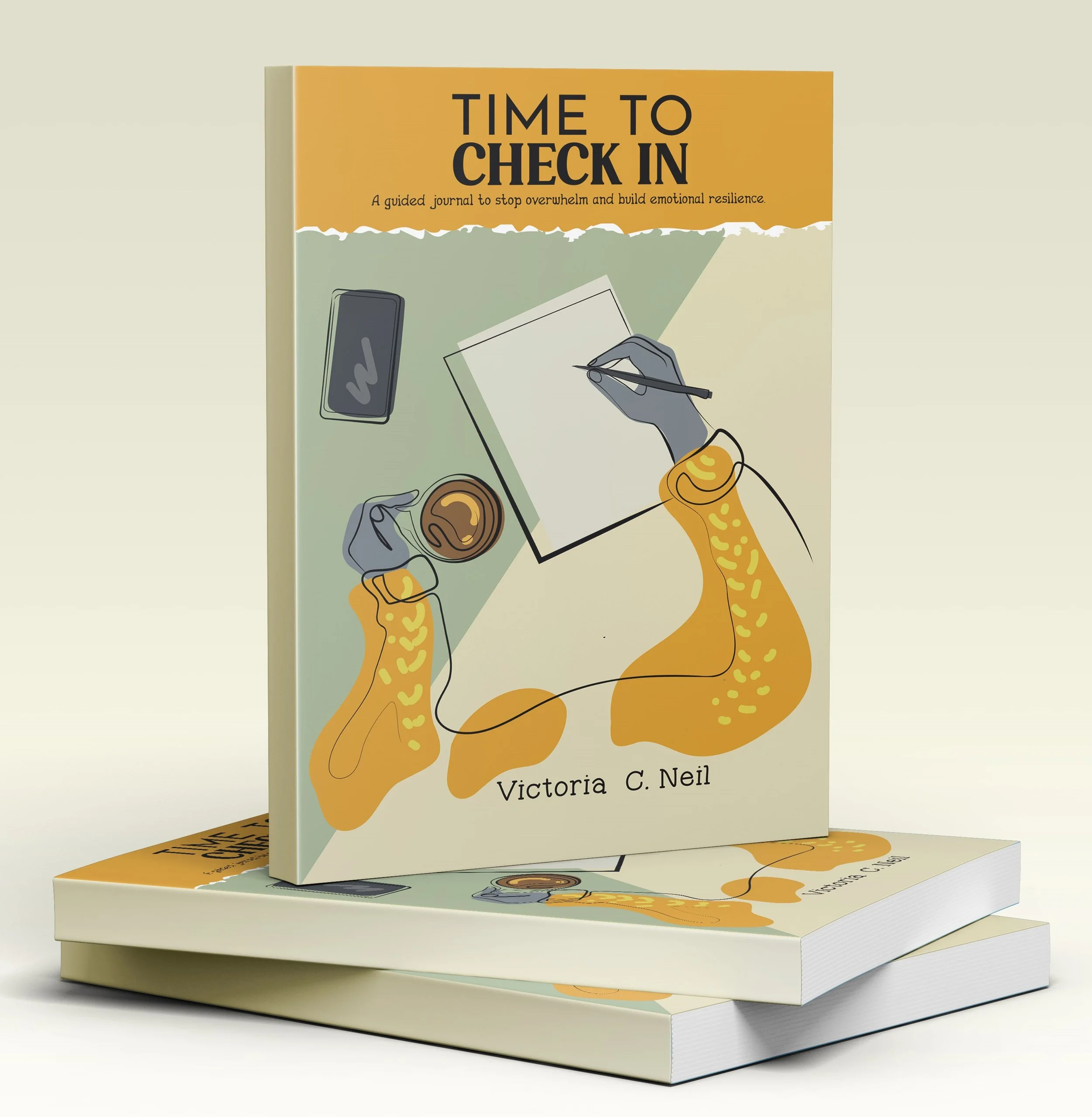 A stack of three books, with the top book titled "Time to Check In" by Victoria C. Neil, featuring illustrations of hands writing and holding a phone, and a warm color palette of yellows, beiges, and muted greens.