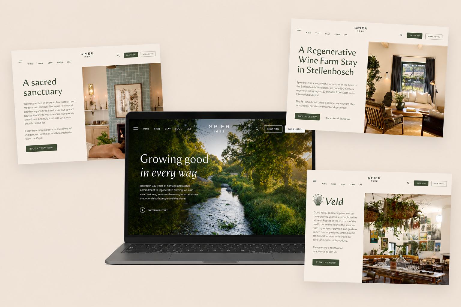 When Spier refreshed its brand CI in 2025, Gosh! was brought in to write the new website from scratch - an intensive two-month project spanning every page, from the homepage and wine collections to the hotel, spa, dining and impact story. The brief d