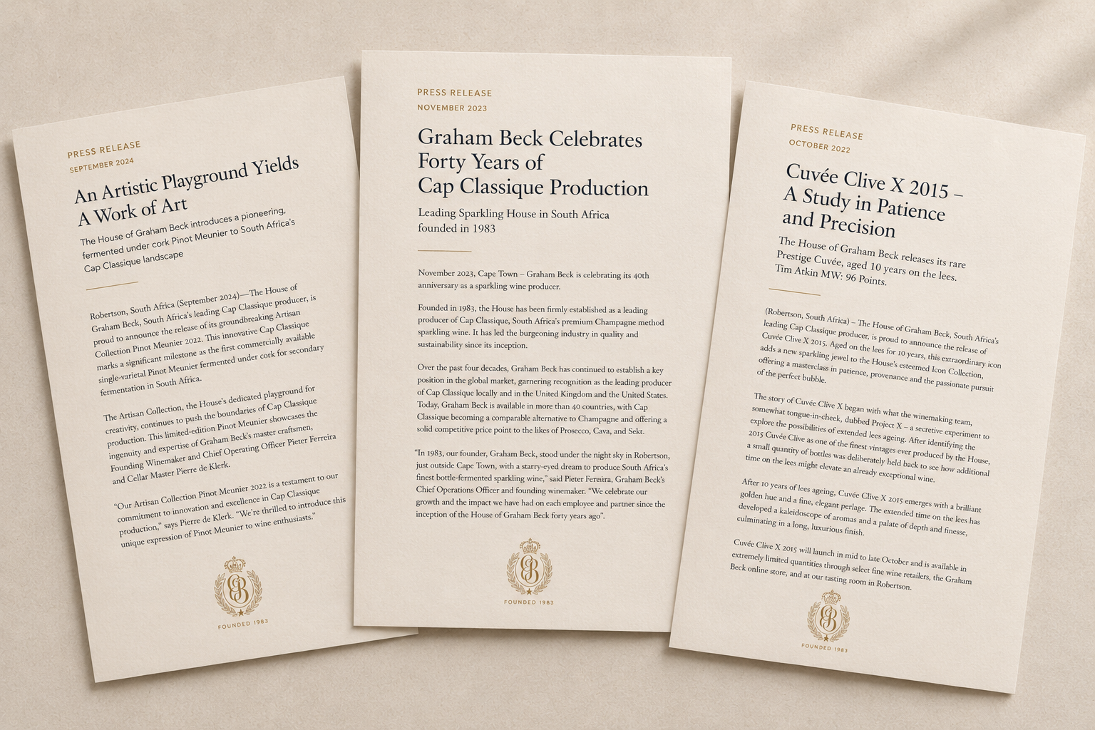  Over the years, Gosh! has written press releases for The House of Graham Beck covering everything from a first-of-its-kind Agrafe-method Pinot Meunier to Cuvée Clive X, ten years in the making. 
