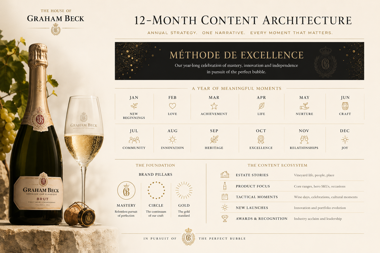 Once a year, Gosh! steps back from the day-to-day and builds the map. The House of Graham Beck's annual content strategy is a comprehensive planning document that gives the team a clear, considered framework for every piece of content across the year