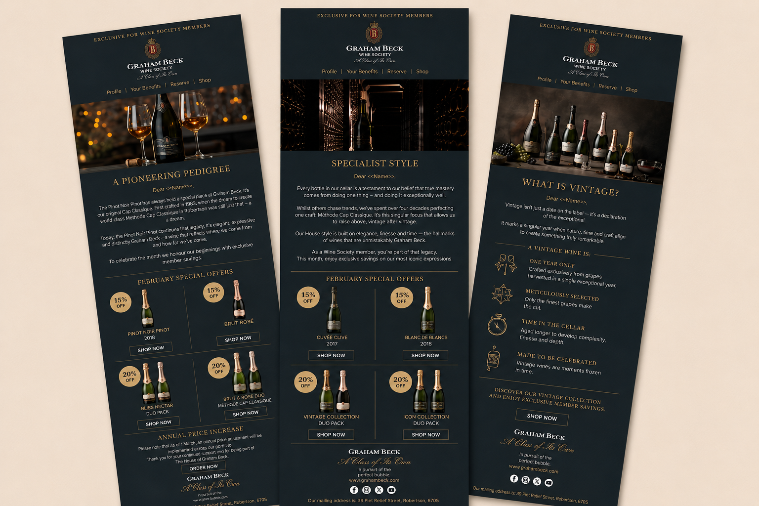 Every newsletter sent to Graham Beck's exclusive Wine Society membership has been written by Gosh! - monthly, on-brand and built from the annual content strategy. The brief is always the same: make a member feel seen, informed and glad they belong. T