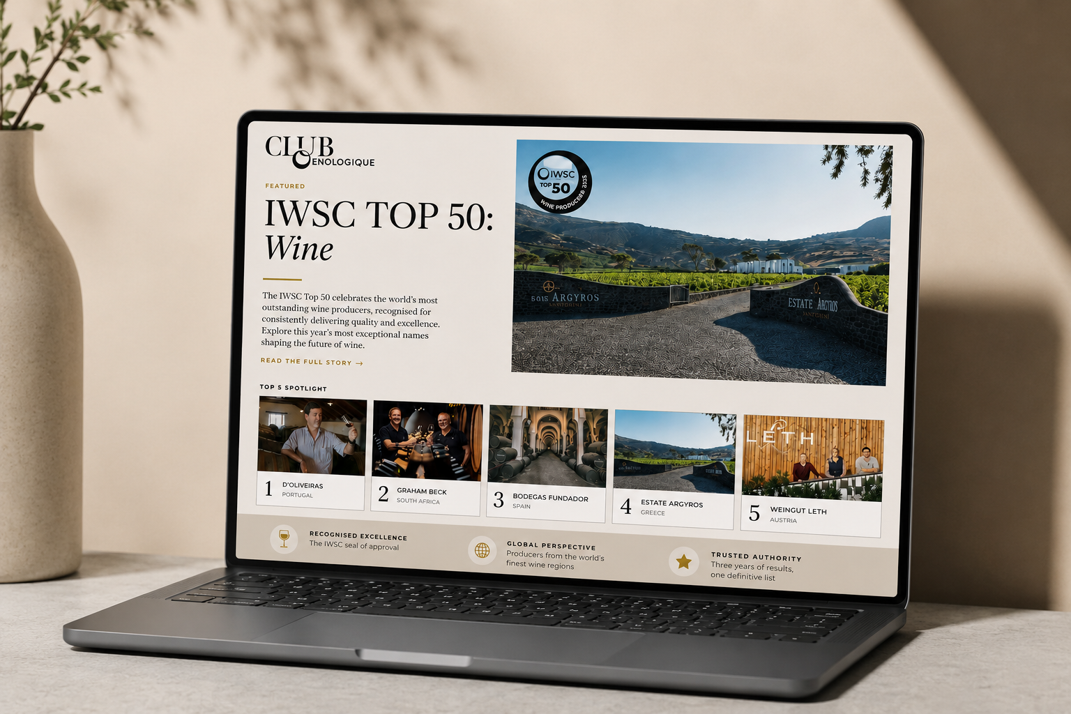 Alongside the strategic work, Gosh! produced extensive content across the IWSC and its premium sister title, Club Oenologique. One such project: the Top 50 Producers series - consolidating winning producers' responses into polished editorial for Club